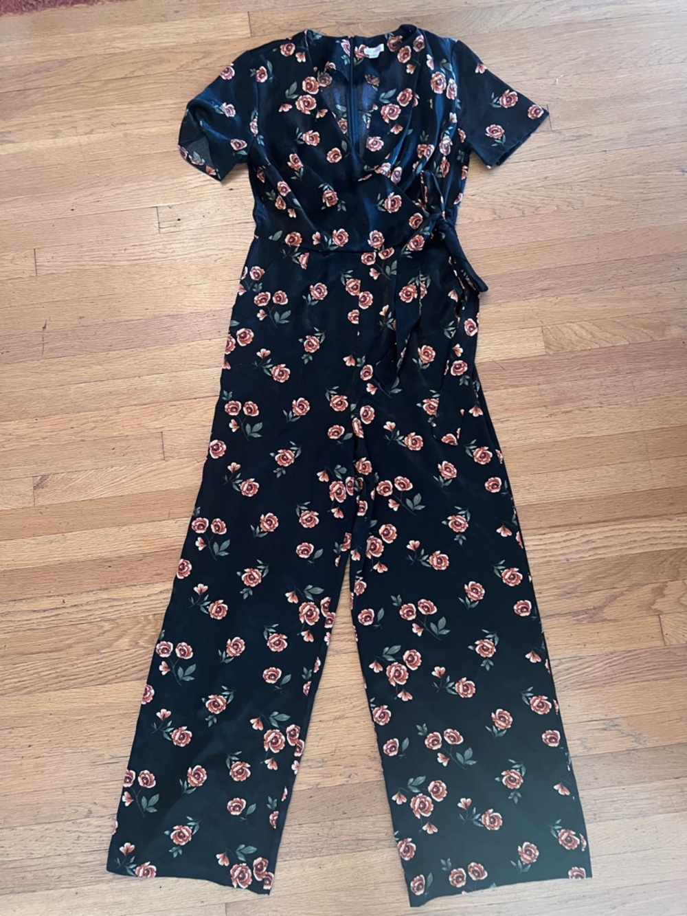 Xhilaration Black Floral Wrap Jumpsuit with Rose Print